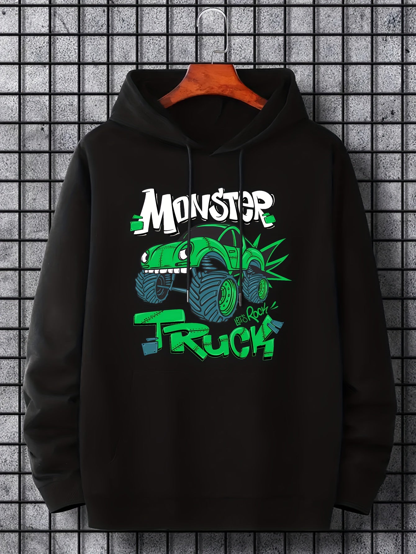 Men's Monster Truck Print Hoodie Casual Drawstring Hooded Sweatshirt