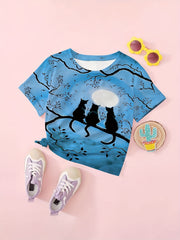 Moon Night Kitty Graphic T shirt Girls Casual Short Sleeve Tees