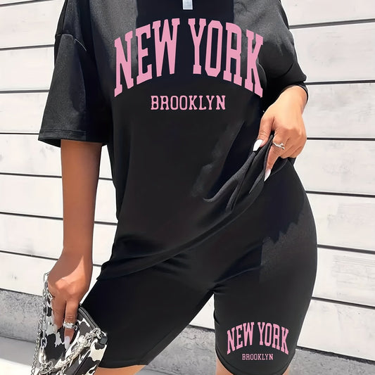 York Print 2pcs Set Short Sleeve T Shirt & Biker Shorts Summer Casual Two Piece