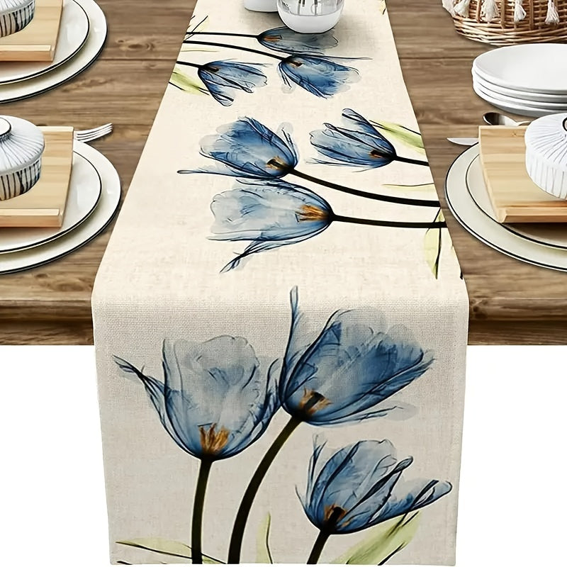 Linen Table Runner Retro Tulip Flower Kitchen Dinner Long Runner