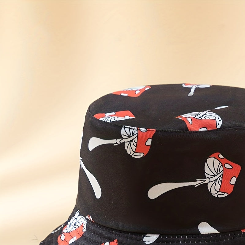Red Mushroom Print Bucket Hat Reversible Hip Hop Basin Hat