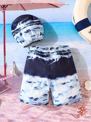 Boys Swim Trunks & Swim Hat 2pcs Ocean Digital Print Elastic Waist Beach Pants