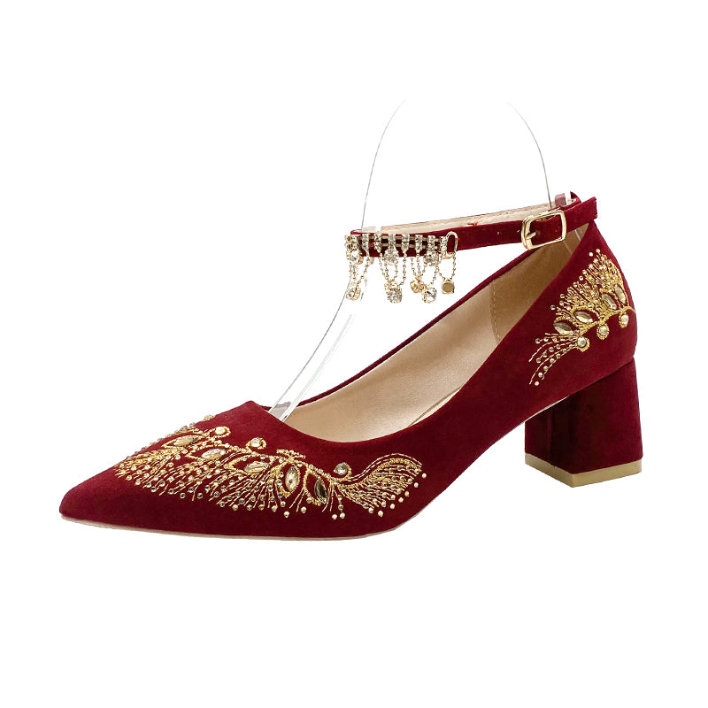 Embroidered Wedding Shoes Chunky Heel Tassel Ankle Strap Dress Shoes