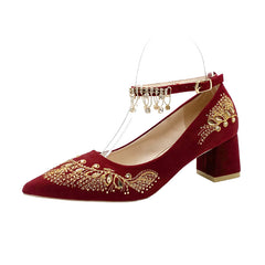 Embroidered Wedding Shoes Chunky Heel Tassel Ankle Strap Dress Shoes