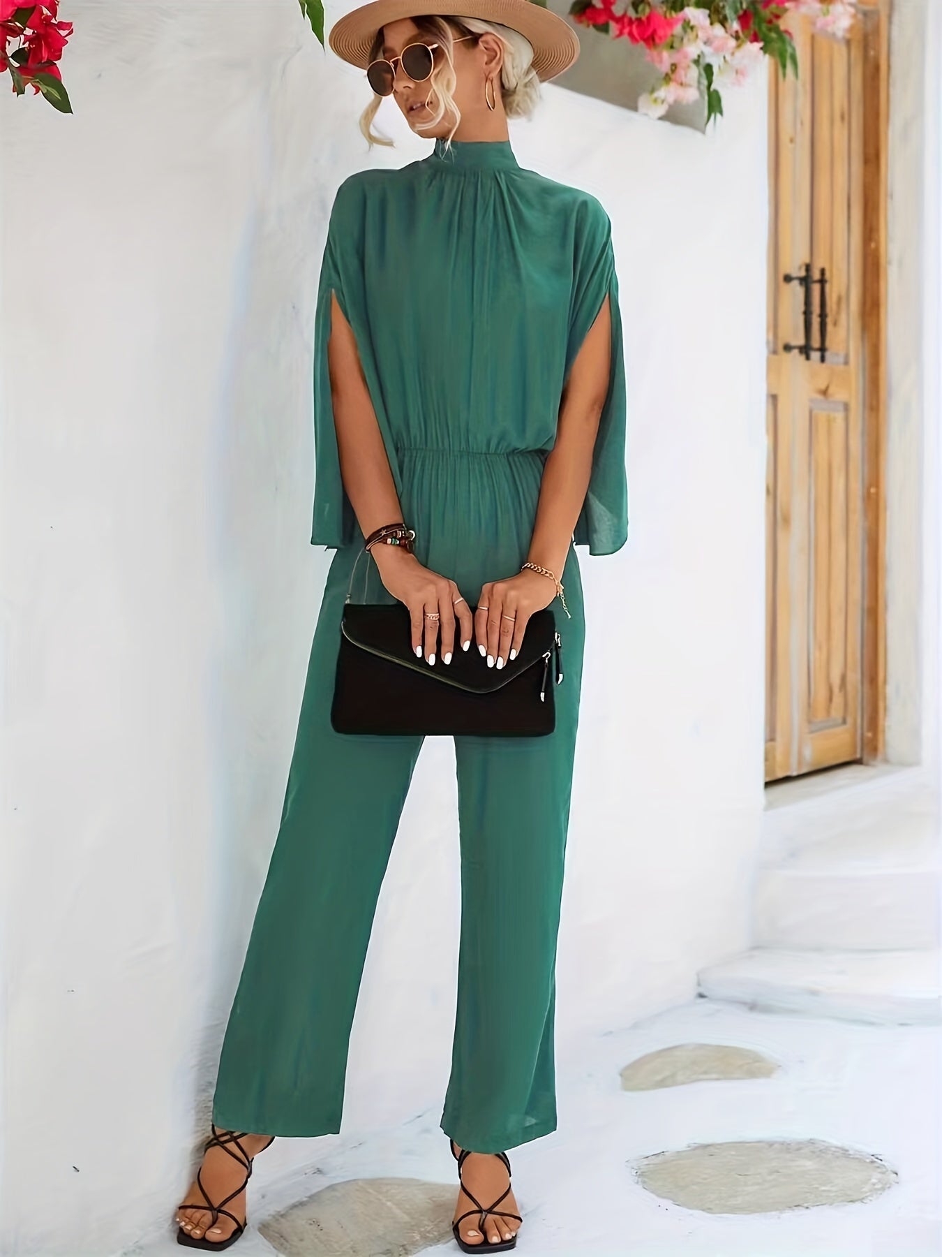 Solid Cape Sleeve Jumpsuit with Tie Back