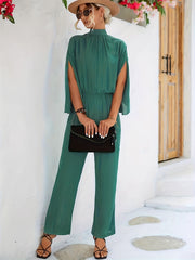 Solid Cape Sleeve Jumpsuit with Tie Back