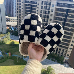 Checkerboard Pattern Slippers Plush Lined Shoes
