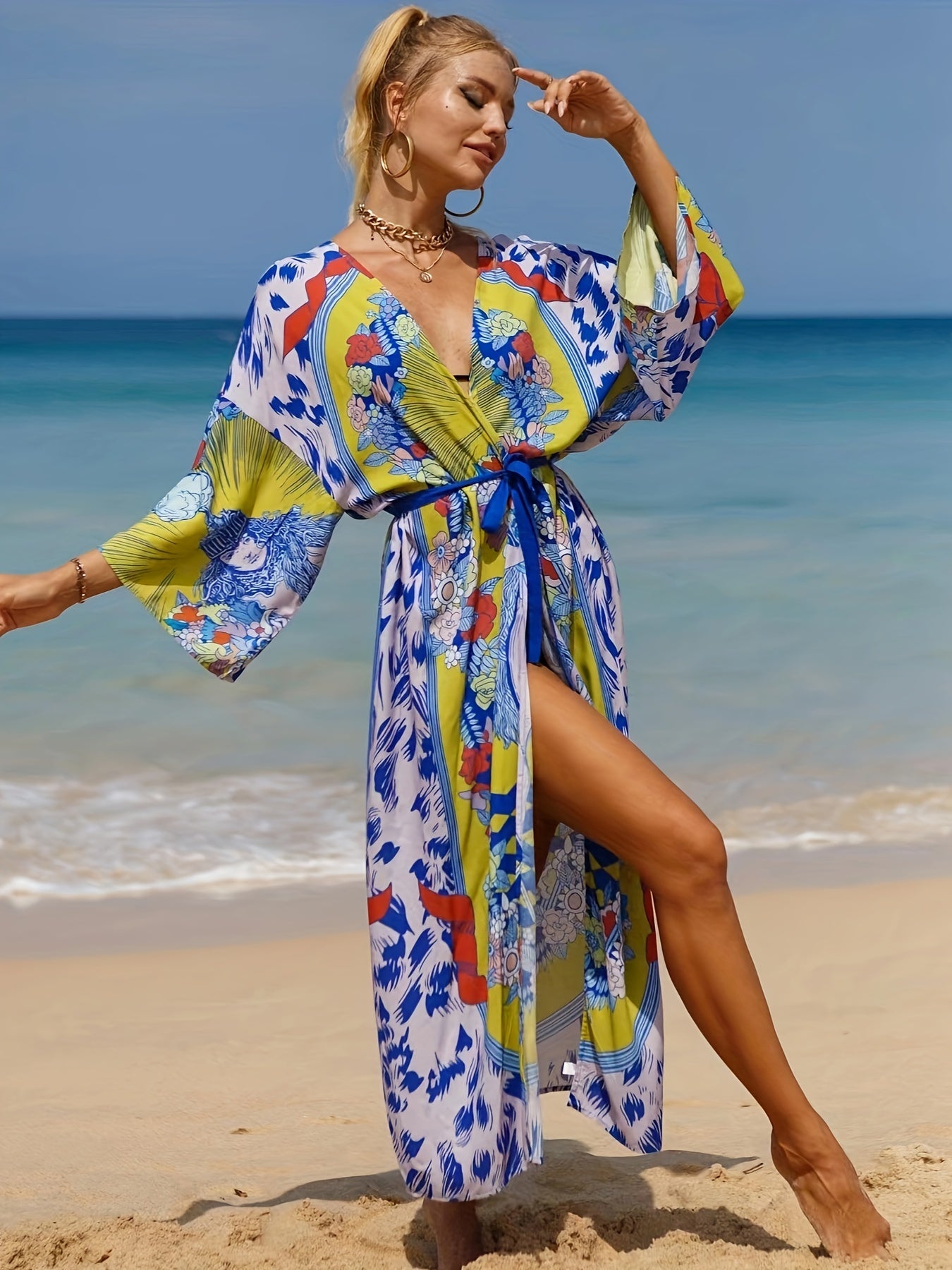 Plus Size Boho Kimono Women's Plus Painting Print V Neck Batwing Sleeve