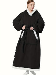 Hooded Fleece Lounge Robe With Pockets & Split
