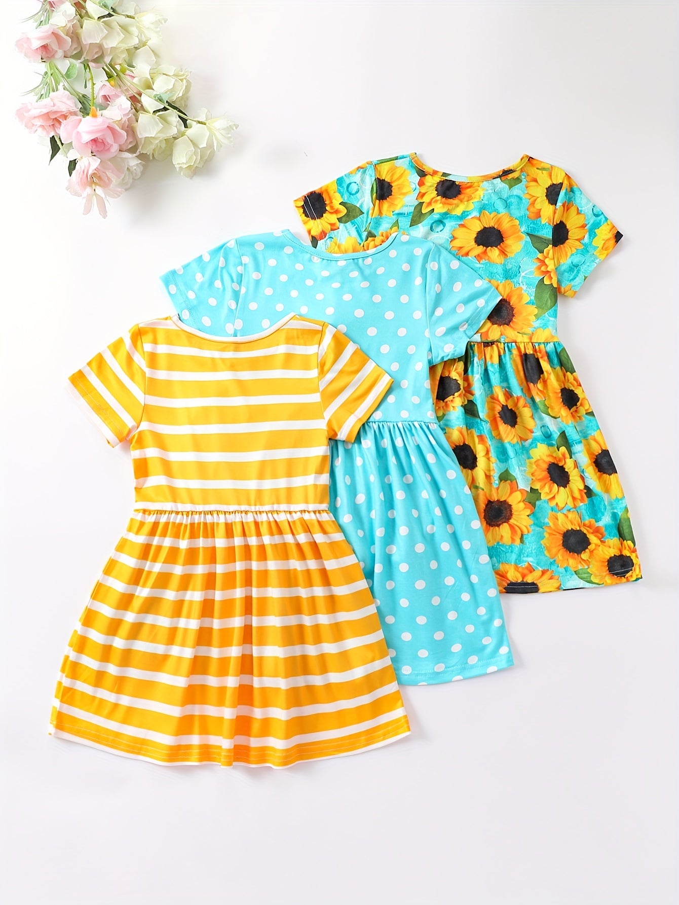 Girls Striped Sunflower Cartoon Print Flying Sleeve Dress