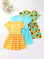Girls Striped Sunflower Cartoon Print Flying Sleeve Dress