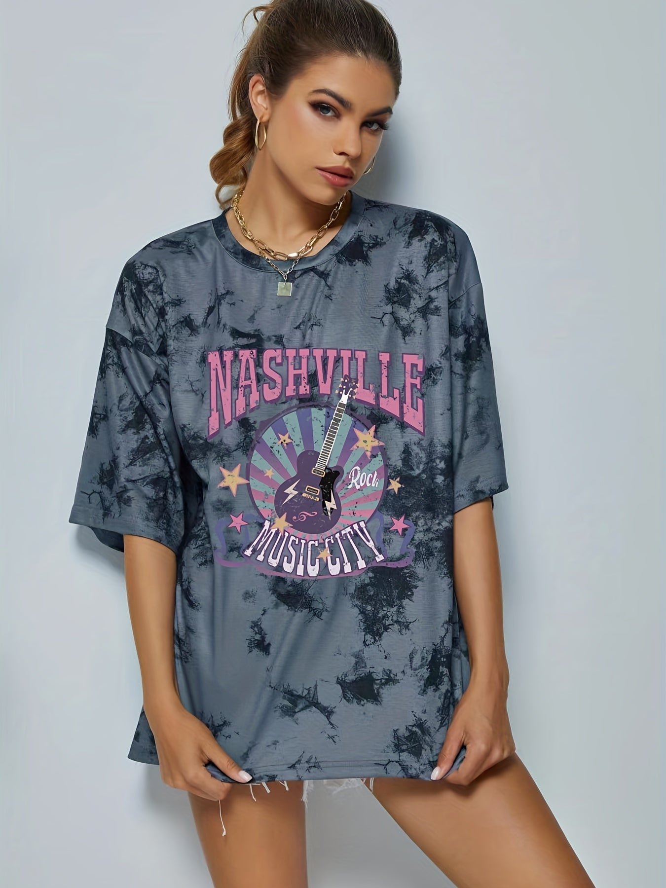 Tie Dye Rock Music Tee Round Neck Summer T-shirt Women's Clothing