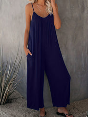V-Neck Wide Leg Jumpsuit with Pockets