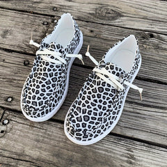 Leopard Pattern Skate Shoes for Women Flat Lightweight Lace-up Canvas