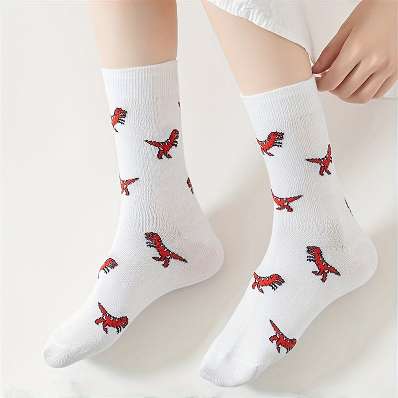 5 Pairs Cute Dino Print Mid Tube Socks Women's Stockings