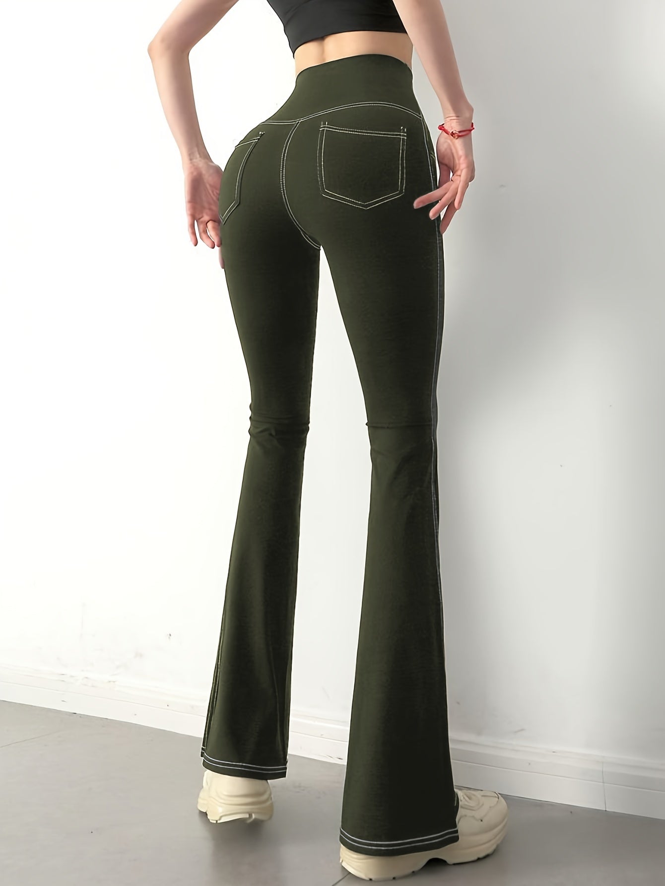 Solid Denim Yoga Pants With Pockets Sports Fitness Flared Leggings