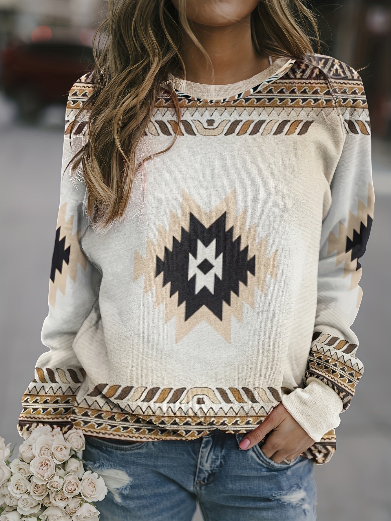 Geometric Ethnic Printed Pullover Shirt Long Sleeve Round Neck