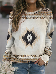 Geometric Ethnic Printed Pullover Shirt Long Sleeve Round Neck