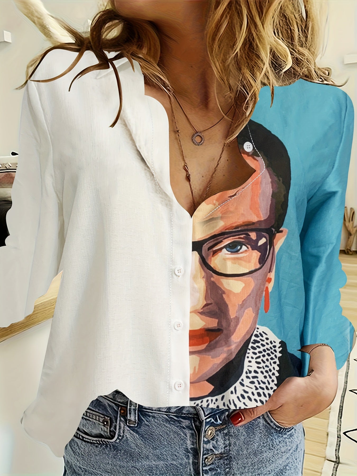 Colorblock Cartoon Print Long Sleeve Shirt Top