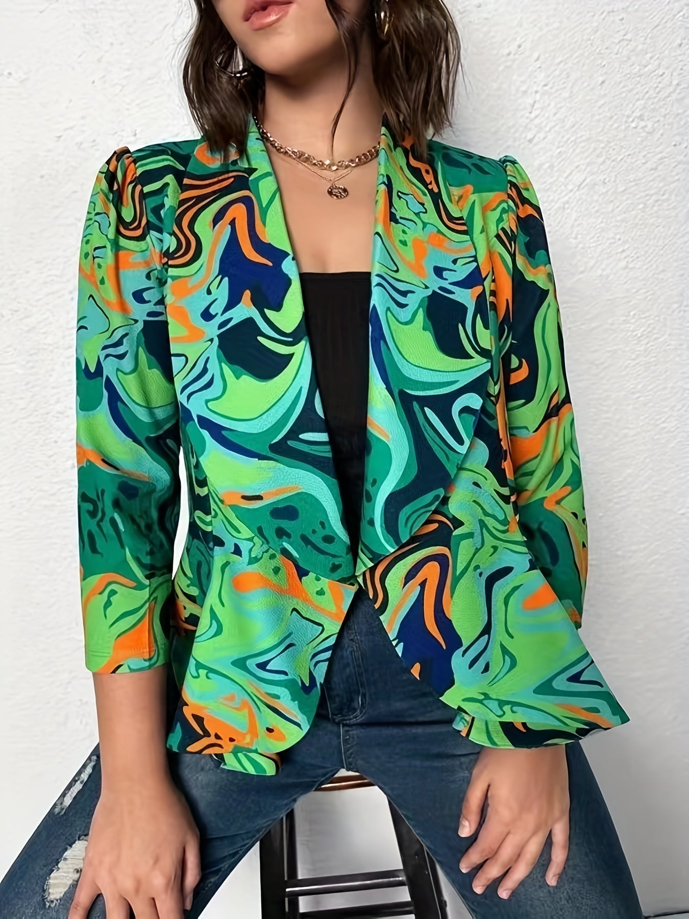 Camo 3/4 Sleeve Open Front Slim Fit Blazer