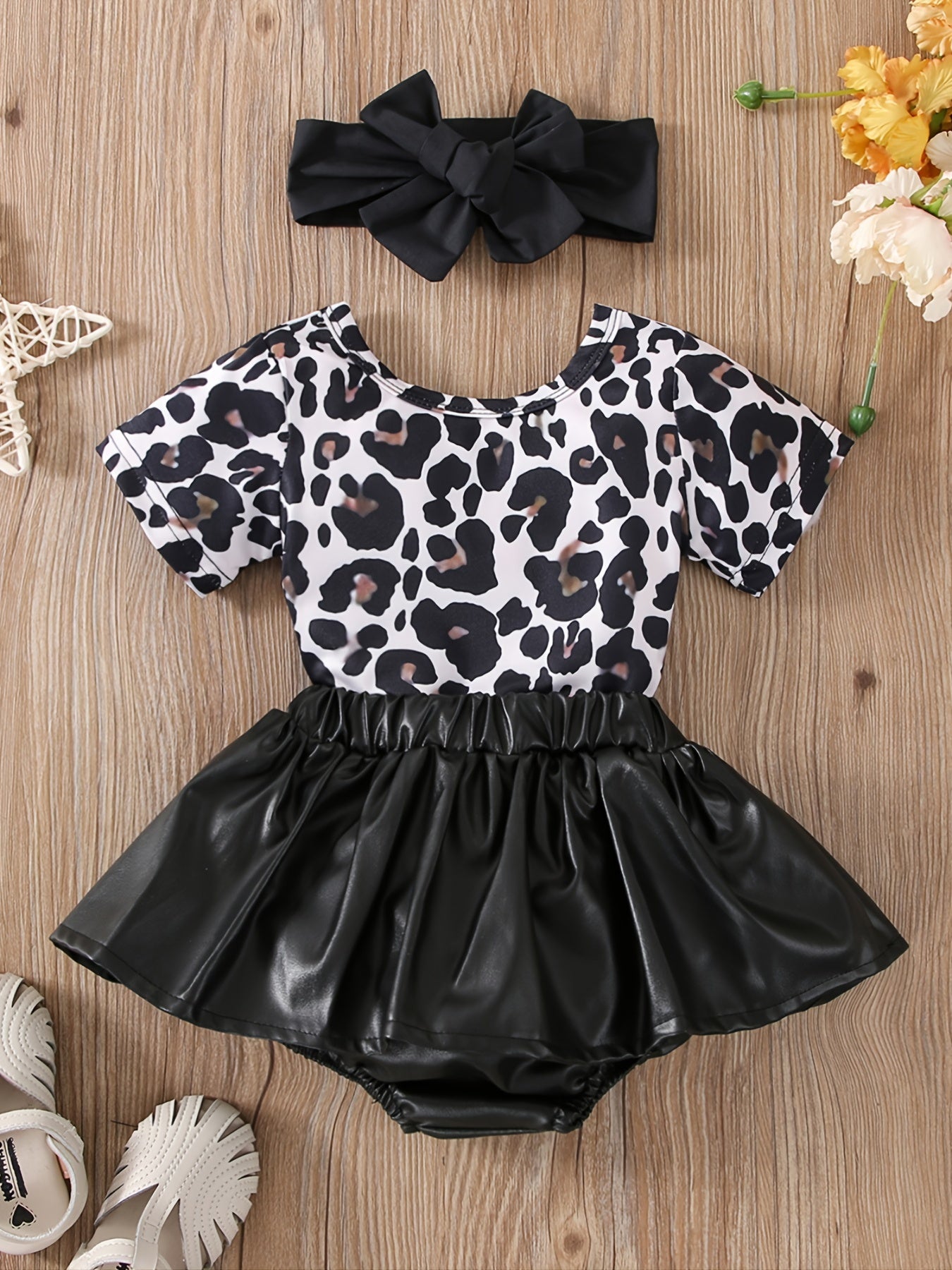 Leopard Print Romper & Faux Leather Skirt Set