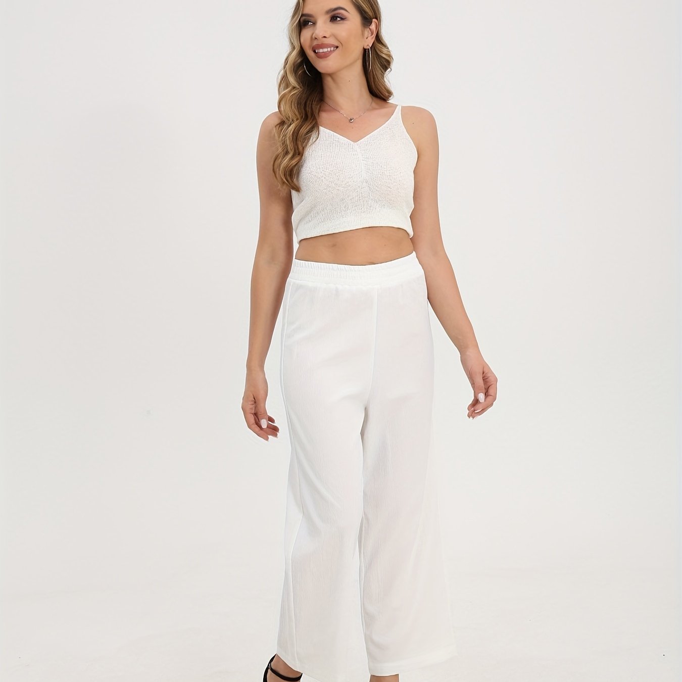 Casual Sleeveless V Neck Crop Top & Wide Leg Pants 2 Piece Set