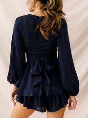 Layered Lace Up Romper Playsuit Long Sleeve V Neck Jumpsuit