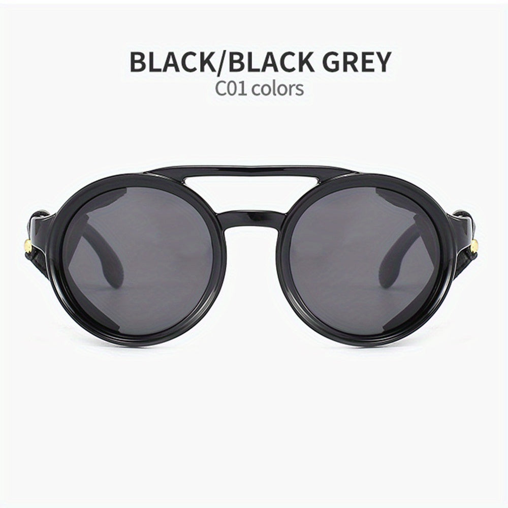Vintage Steam Punk Style Round Polarized Sunglasses with Leather Side Shield