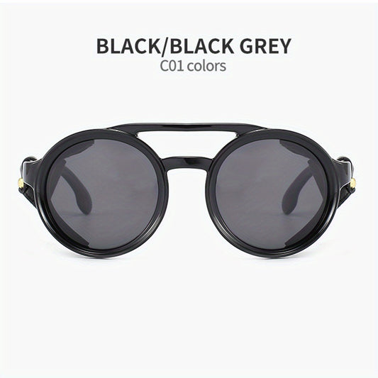 Vintage Steam Punk Style Round Polarized Sunglasses with Leather Side Shield