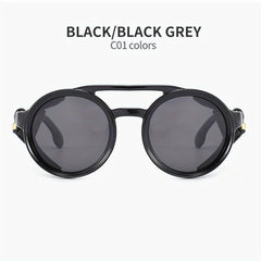 Vintage Steam Punk Style Round Polarized Sunglasses with Leather Side Shield