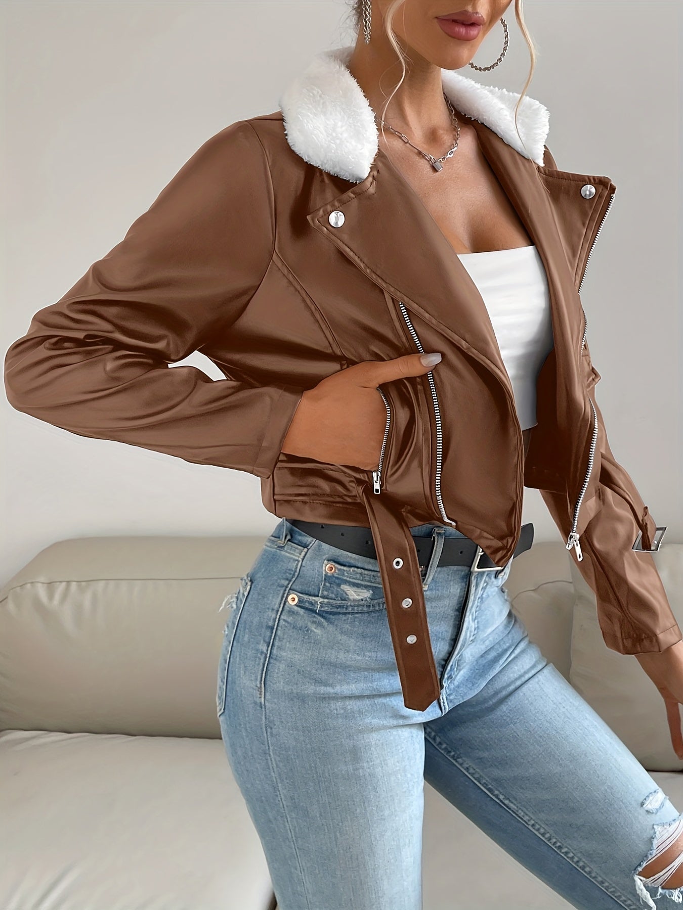 Zip Up PU Leather Jacket Casual Long Sleeve Solid Outerwear