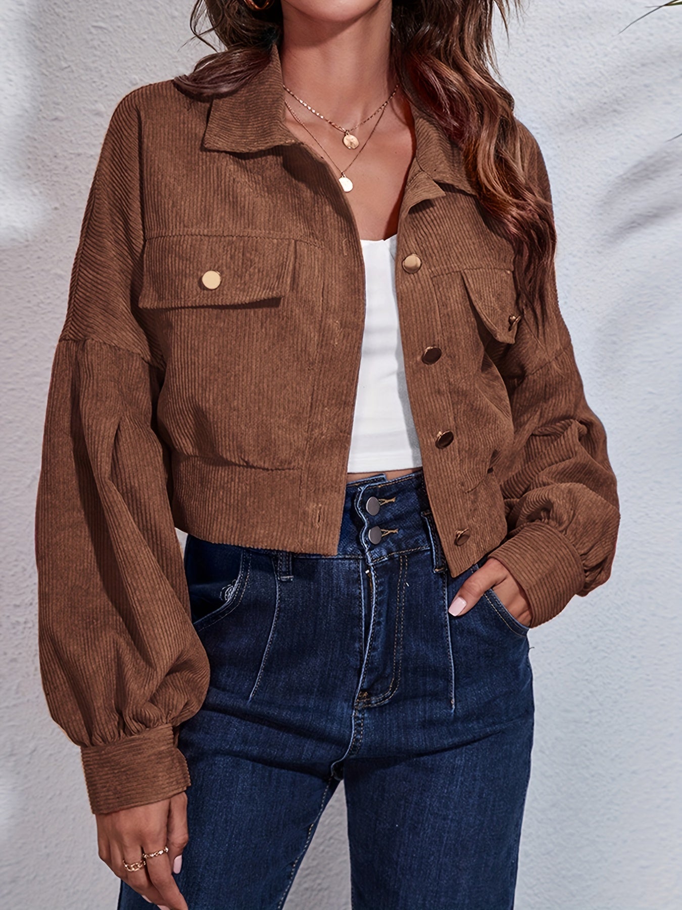 Ribbed Corduroy Cropped Jacket with Lantern Sleeves