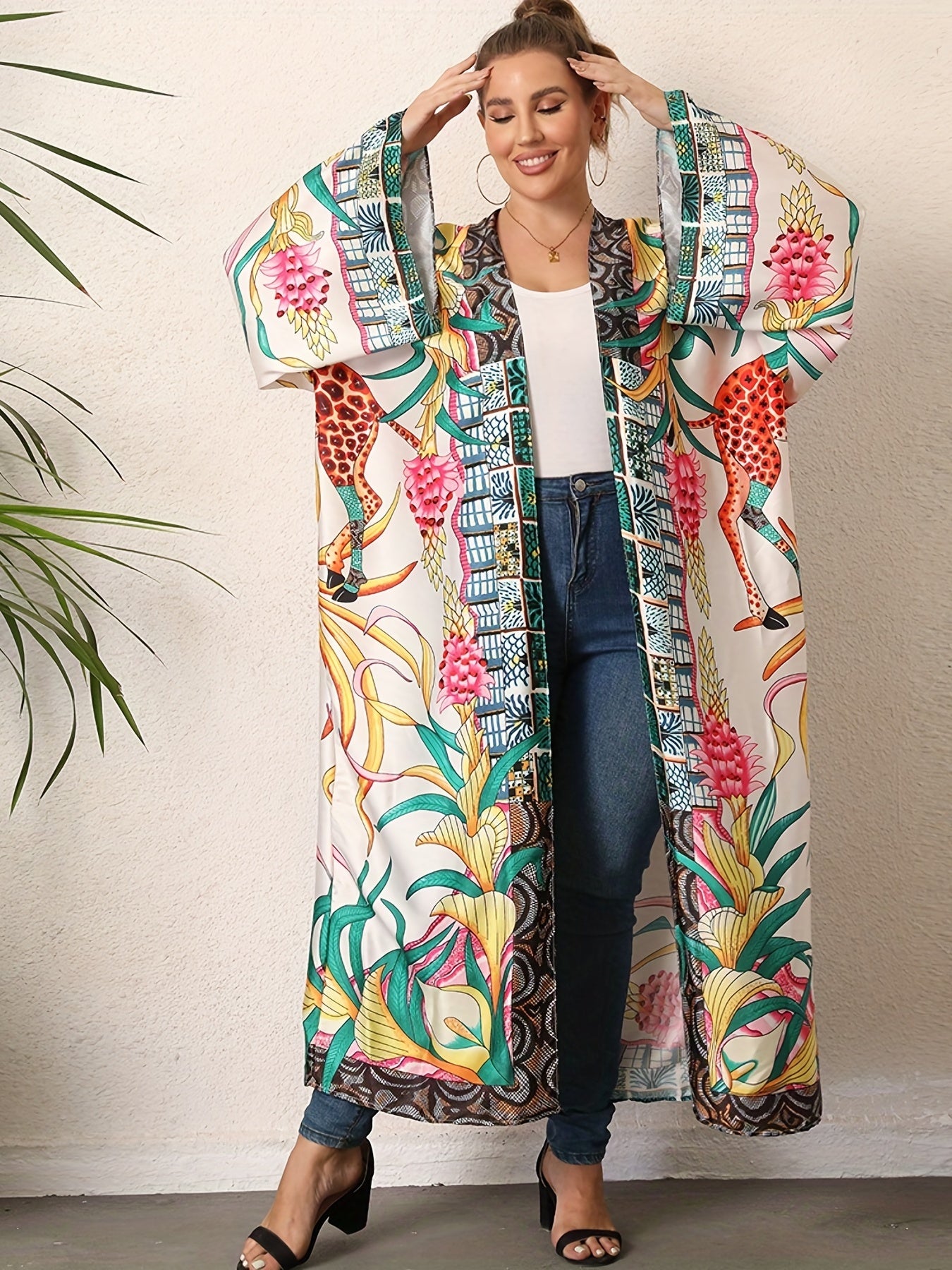 Boho Kimono Women's Plus Tribal Print Long Sleeve