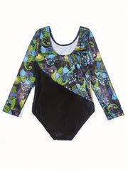 Girls Gymnastics Exercise Onesie Stitching Print Long Sleeve Yogo Fitness Sports