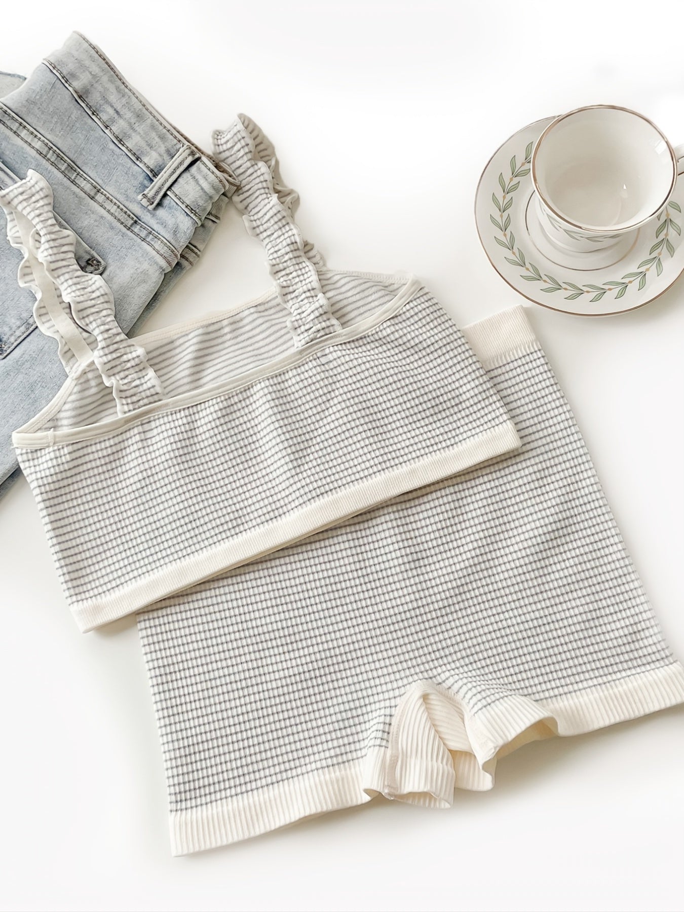 Grey Striped Matching Lingerie Set Soft Camisole Bra & Boyshort Panty