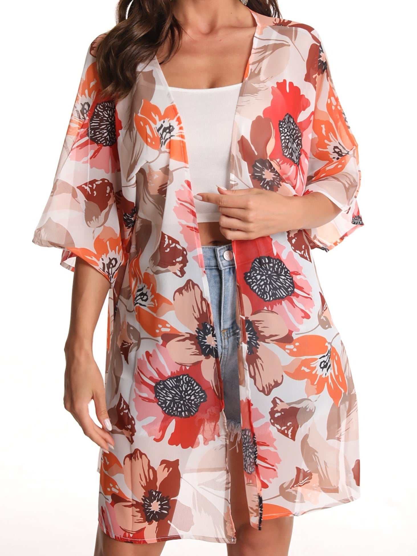 Floral Print Bat Sleeve Cover Up Cardigan