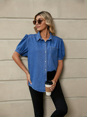 Short Sleeves Denim Shirt Single Breasted Button Lapel