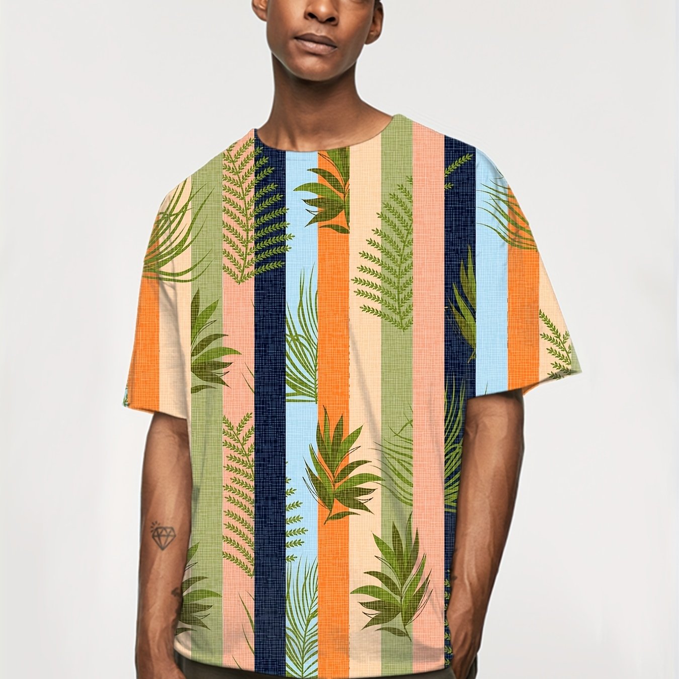 Stripe & Leaf Print Men's Graphic T-shirt for Summer