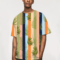 Stripe & Leaf Print Men's Graphic T-shirt for Summer