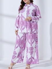 Women's Plus Damask Print Long Sleeve Button Up Shirt & Wide Leg Pants Set