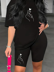 Finger Heart Print Matching Set Short Sleeve T shirt & Biker Shorts