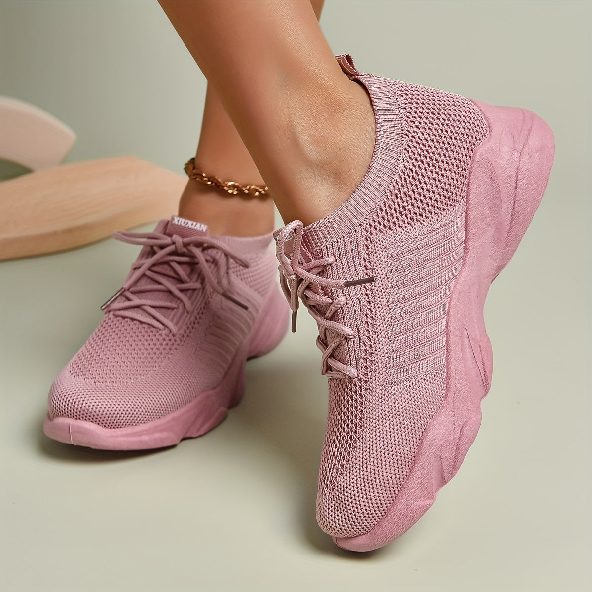 Women's Chunky Knit Sneakers Lace Up Low Top Shoes