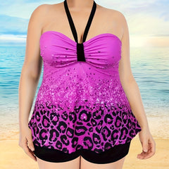 Leopard & Sequin Print Halter Top & Shorts Swimsuit Set