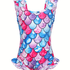 Girls Mermaid Fish Scale Print One Piece Swimsuit Sleeveless Camisole Dress
