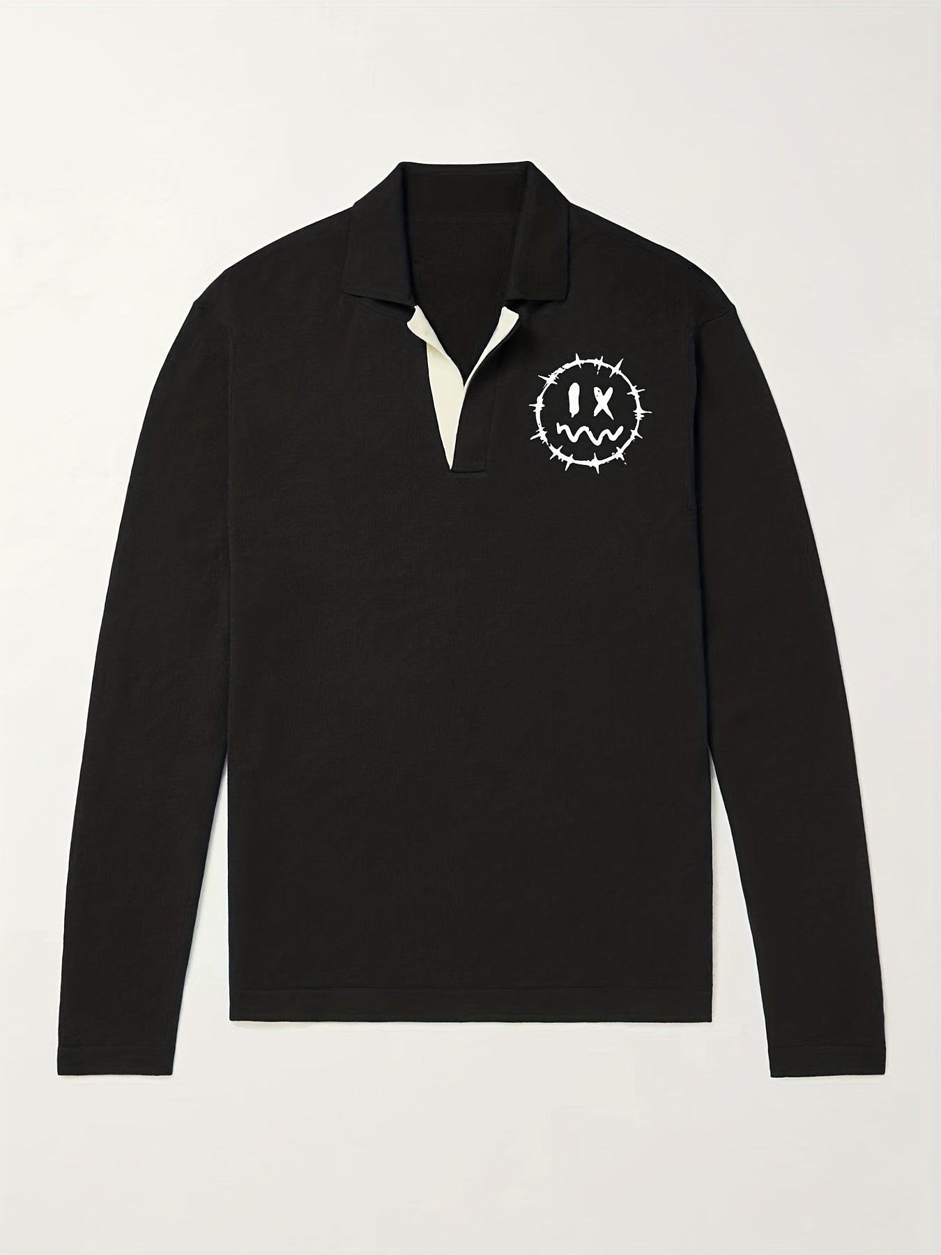 Smile Face Knit Polo Shirt Men's Casual Lapel V Neck Pull