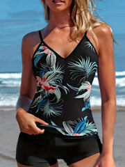 Print V Neck Tankini Set Boxer Short Swimsuit Women's Swimwear