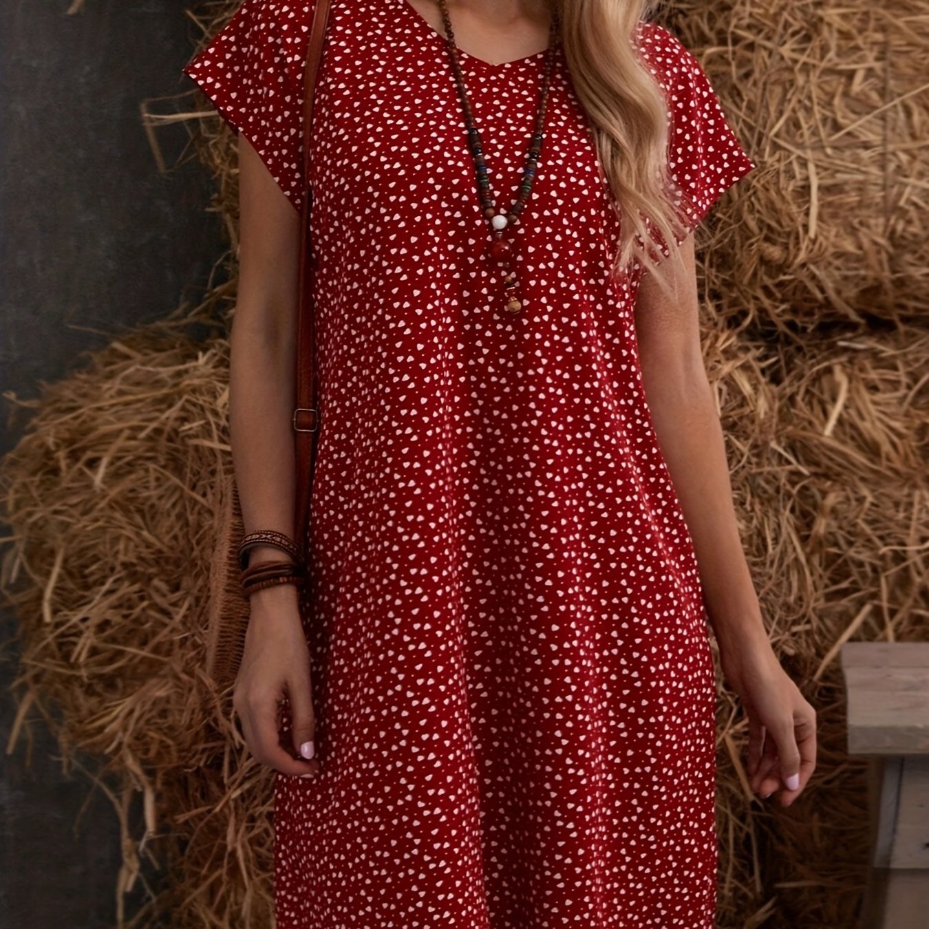 Confetti Heart Print Dress V Neck Short Sleeve Dress Spring Summer
