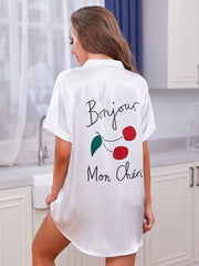 Women Satin Pajamas Dress Button Down Loungewear with Letter Pattern