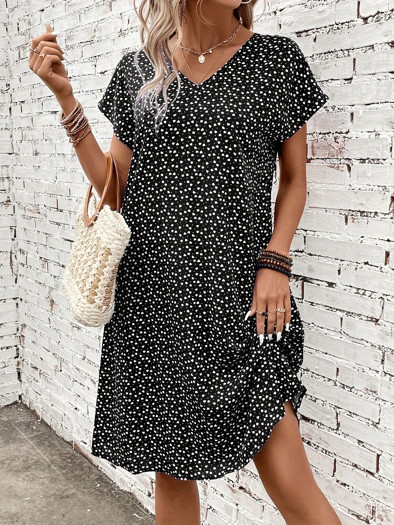 Heart Print Confetti Dress Casual V Neck Short Sleeve