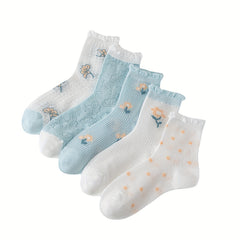 5 Pairs Floral Print Ruffle Socks Hollow Out Mid Tube Stockings